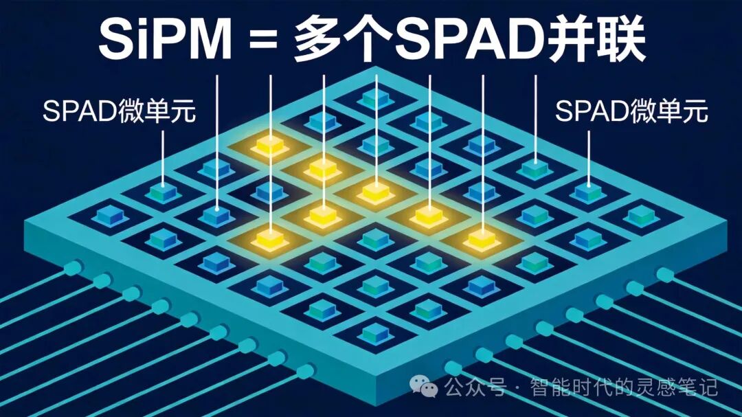 SiPM结构示意图：多个SPAD微单元组成阵列