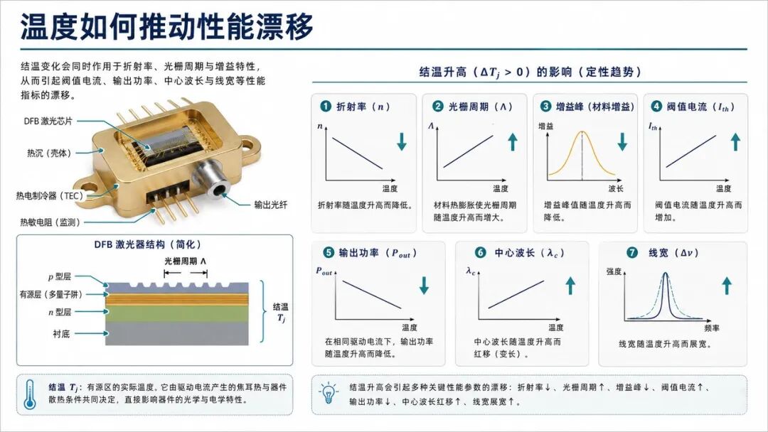 结温变化会同时推动折射率、增益、波长、功率与线宽漂移