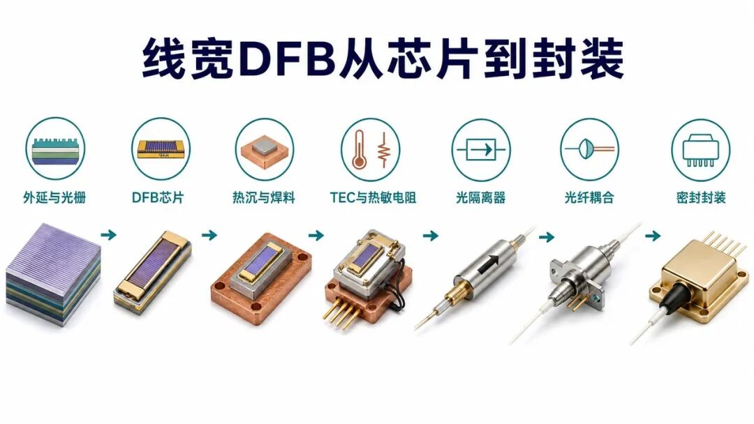 窄线宽DFB从外延光栅到密封封装包含多重界面