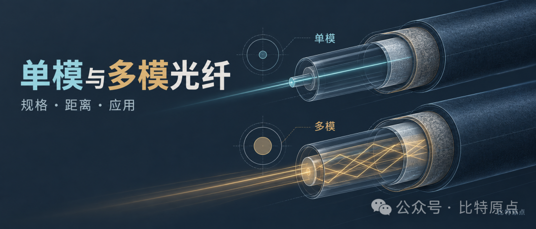 单模与多模光纤的蓝图式剖视示意