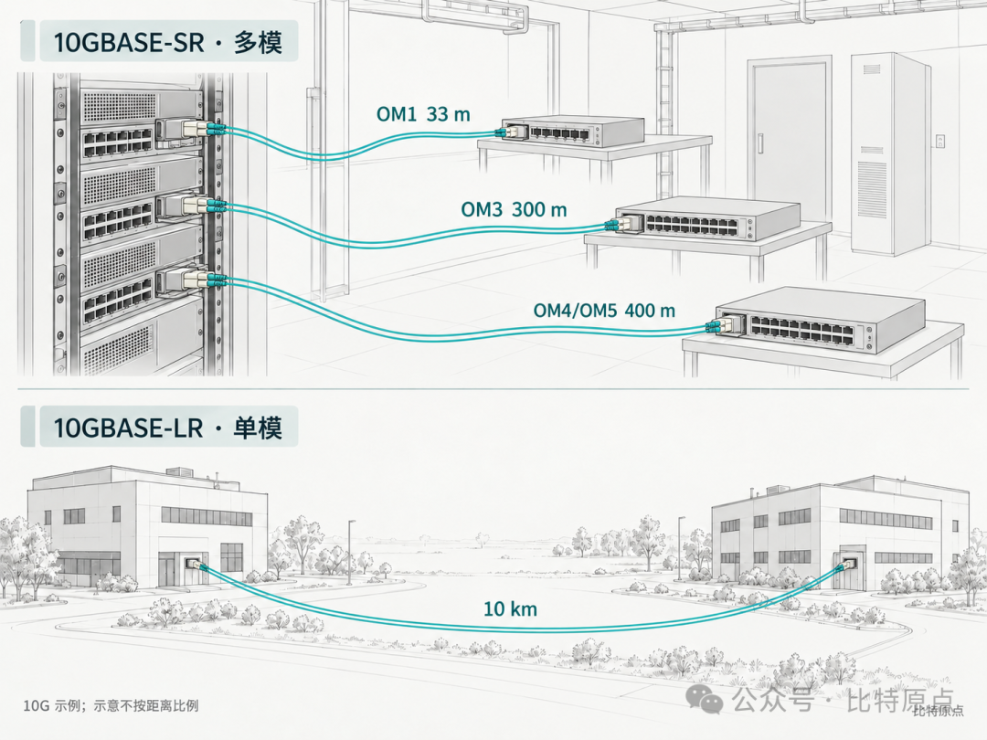 10G多模短距与单模跨楼连接的概念示意，不按距离比例绘制